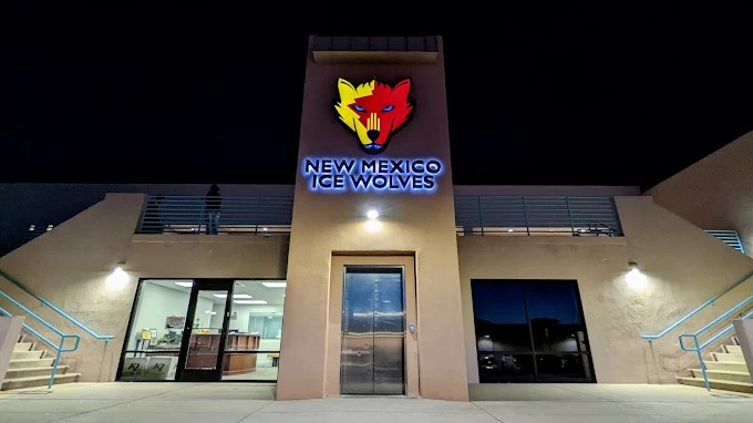 Outpost Ice Arenas exterior at night